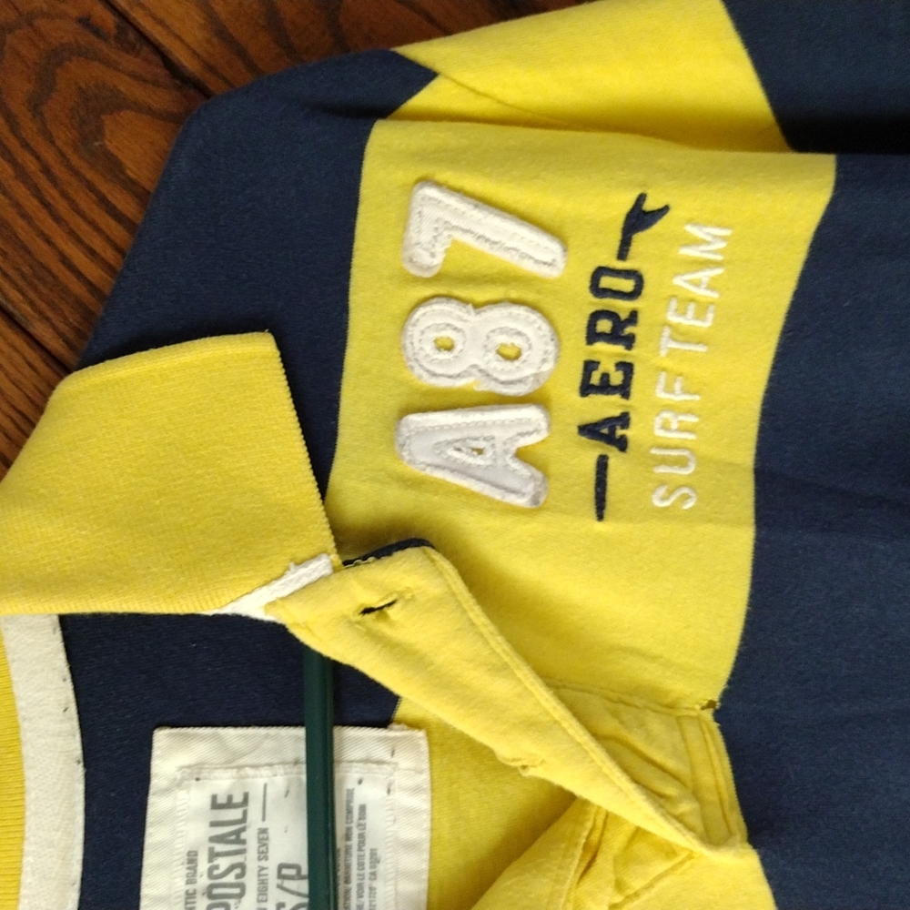 Vintage 1987 AEROPOSTALE MEN'S YELLOW / NAVY STRIPPED POLO SZ S - Picture 2 of 7